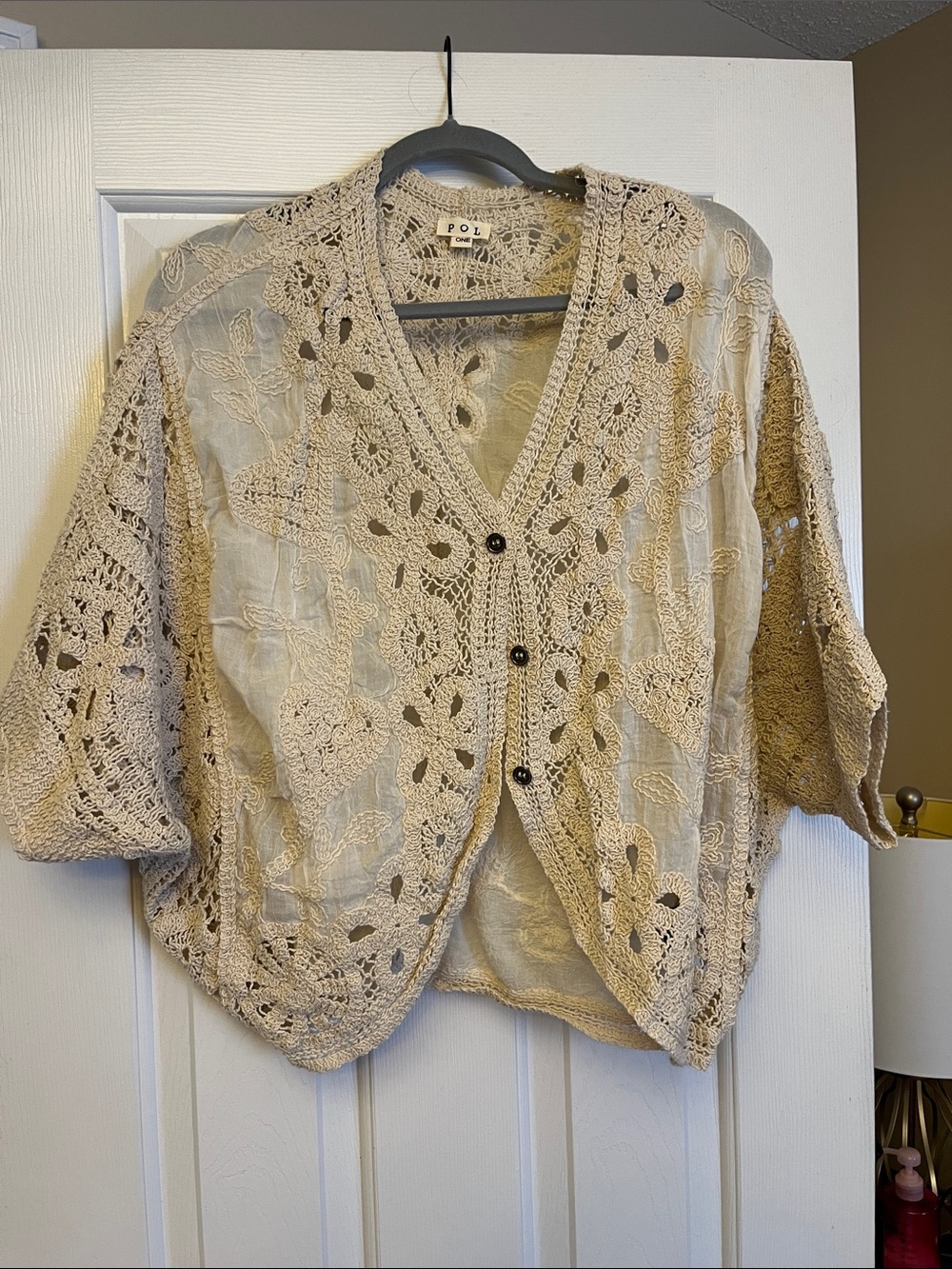 POL Beige Crochet Openwork Button-Front Cardigan one size NWOT